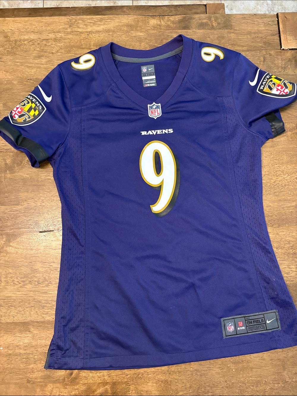 Nike Purple Baltimore Ravens #9 Football Jersey with White & Gold Accents